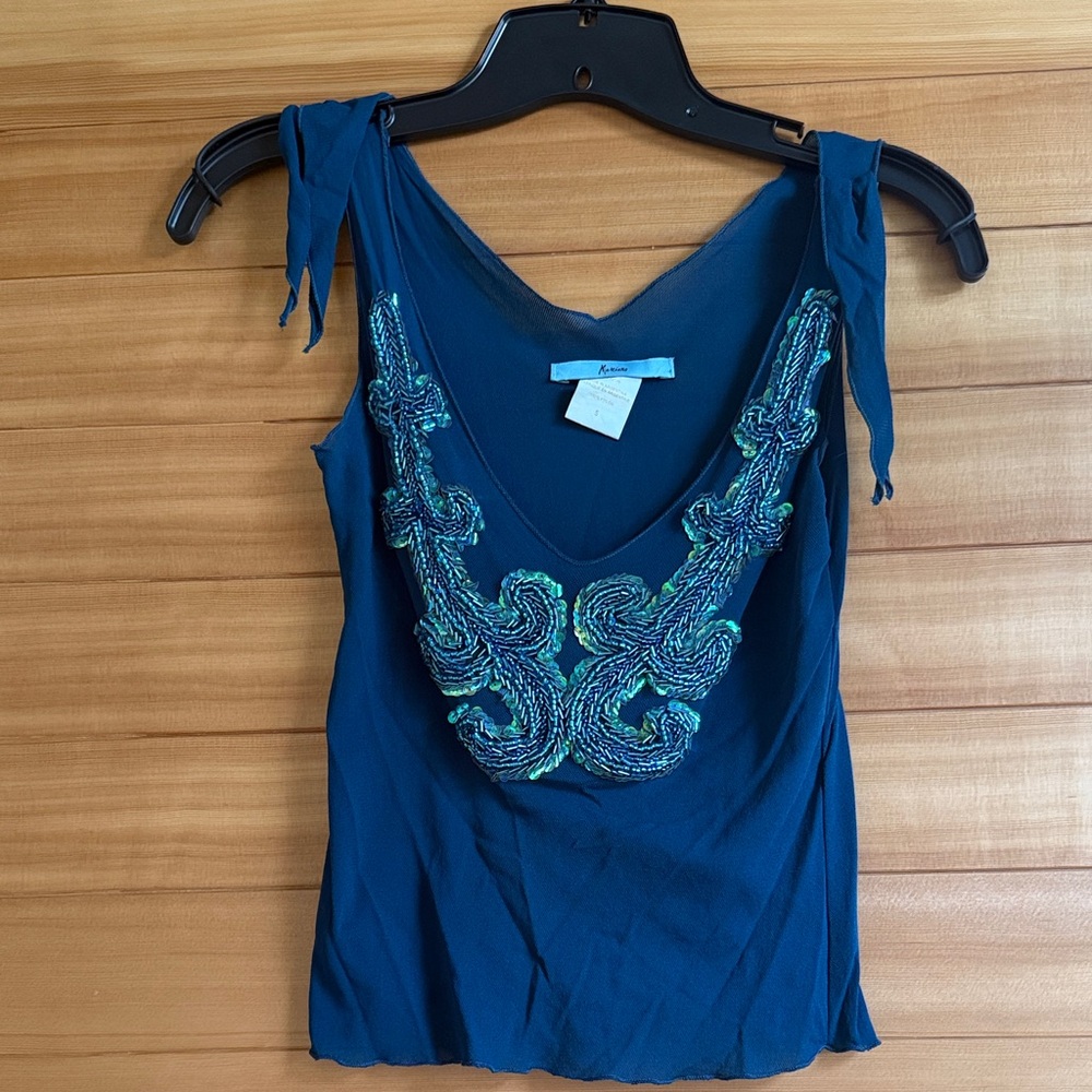 Guess by Marciano Teal Blue Beaded V-Neck Tie-Shoulder Camisole